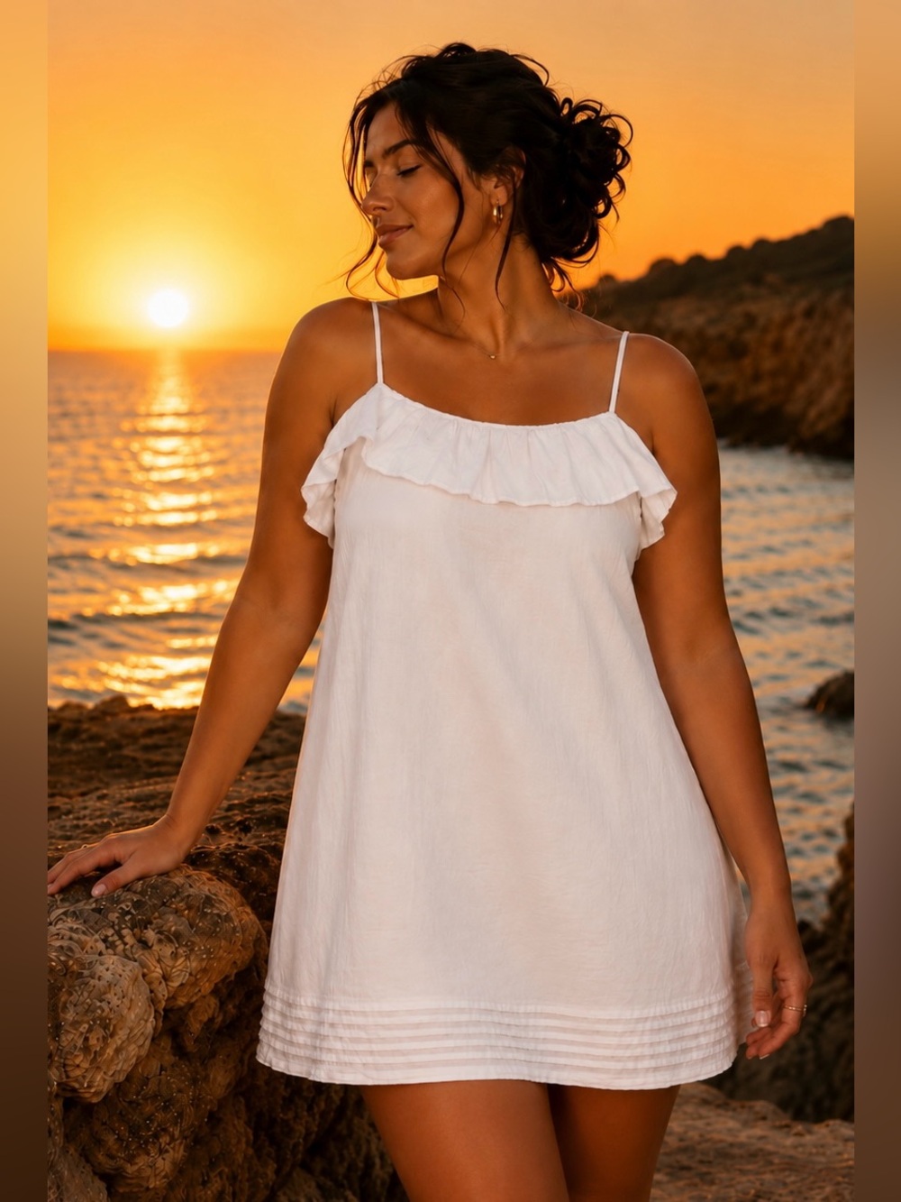 LOFT Ann Taylor White Linen Ruffle Dress Size 14 | Cottagecore Coastal Summer - Picture 1 of 7